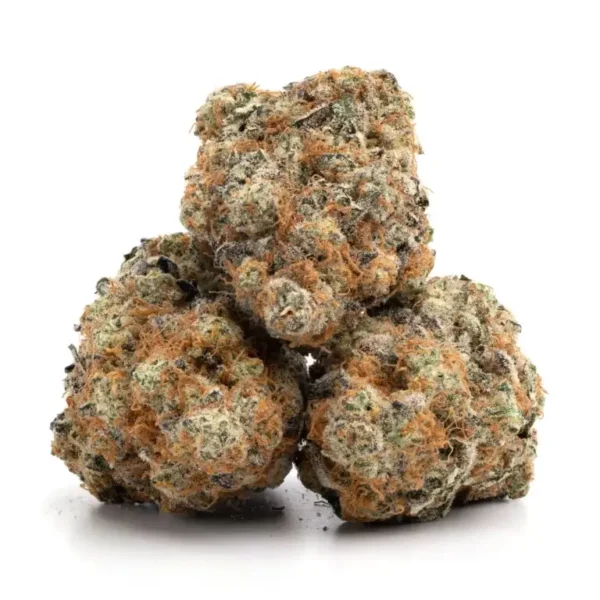 Close-up of Strawberry Cough strain, highlighting the frosty trichomes and orange hairs.