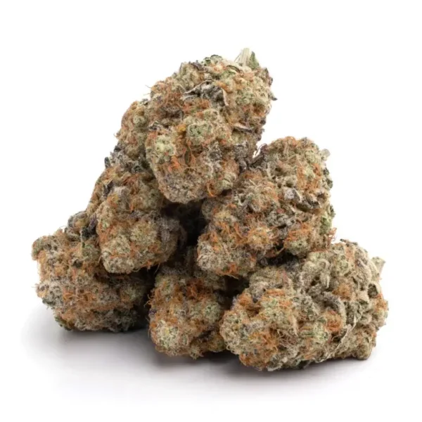 Dried Strawberry Cough flowers, displaying the strain's dense and crystal-covered buds.